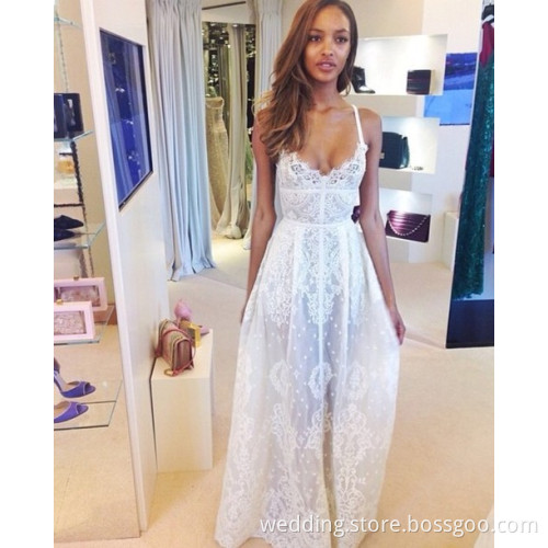 White Lace Wedding Dresses V-neck Spaghetti Strap Prom Dresses